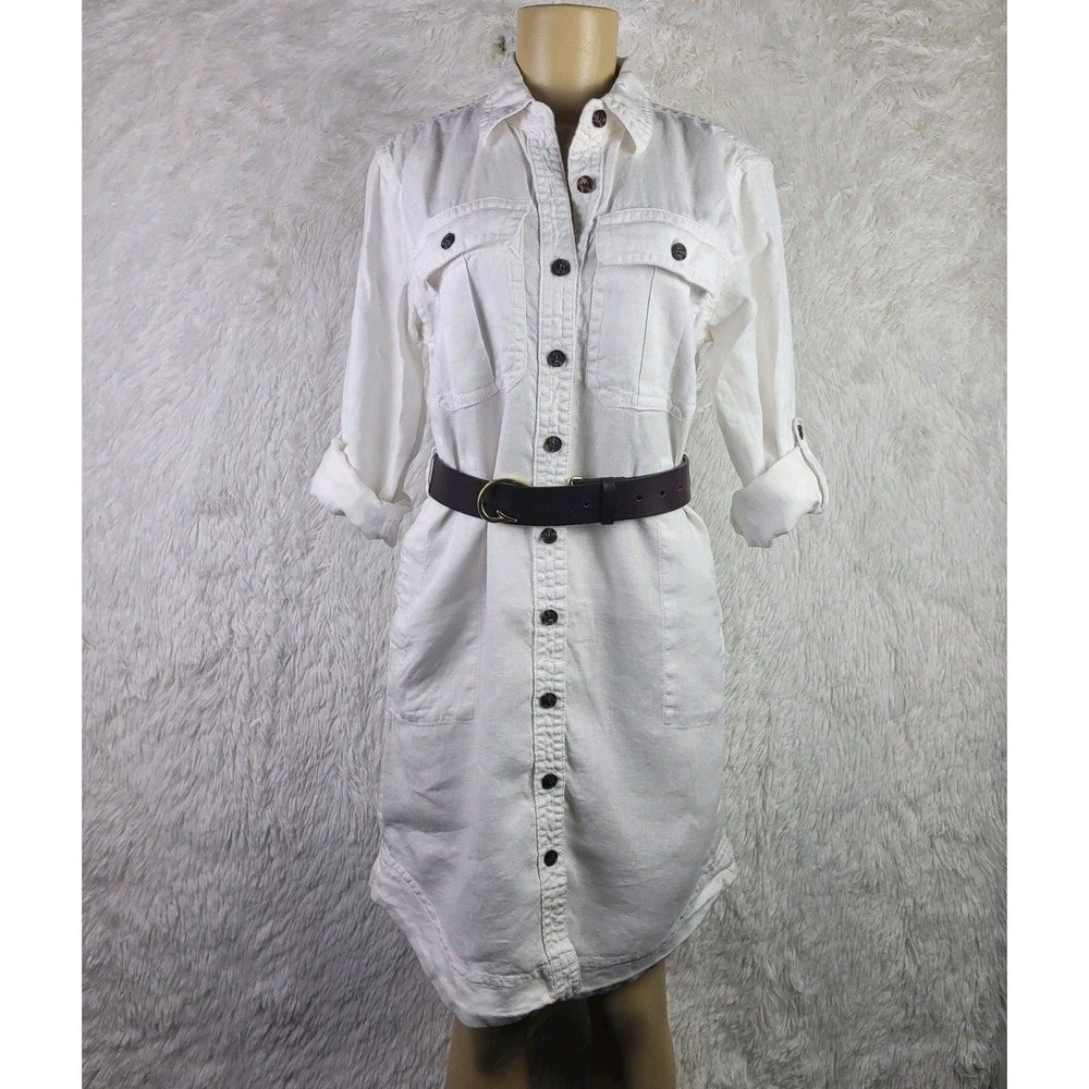Banana Republic White 100% Linen Shirt Dress‎ Petite Small Button Front Safari